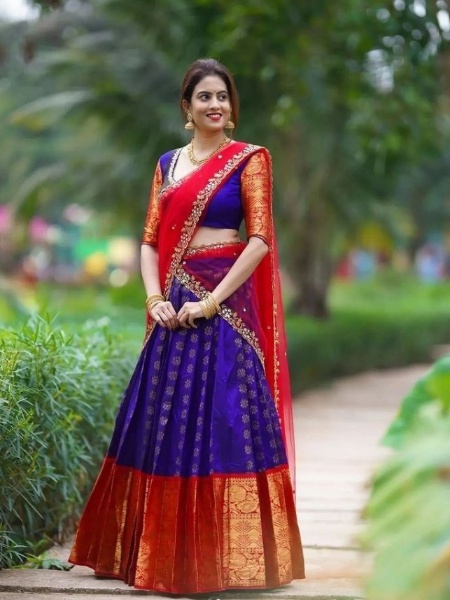 Colors Between Red And Blue South Indian Lehenga